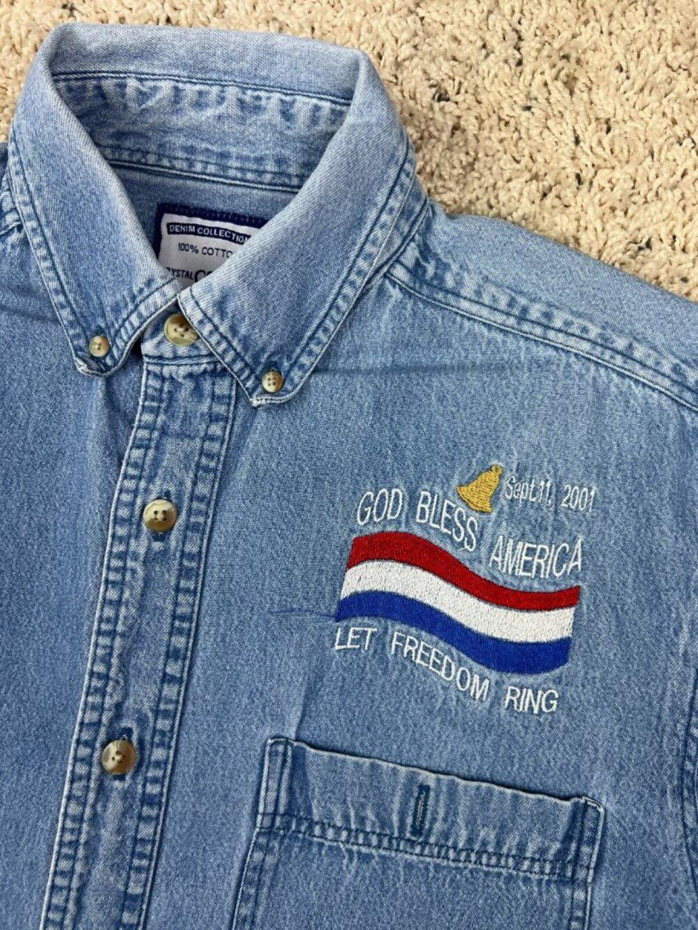 Crystal Springs Denim Jacket Embroidered 9-11 Never Forget Let Freedom Ring USA